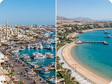 Aerial view of a marina and coastline