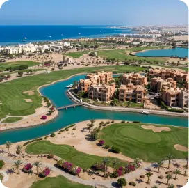 Aerial view of El Gouna lagoons and golf course